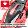 Close-up of the top part of a red electric lawnmower, showing the handle and power indicator. Produktbild-Vorschau