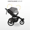A black stroller with a gray canopy, shown from the side against a white background. Arrows indicate the adjustable canopy. Náhled obrázku produktu
