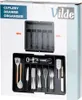 The image shows the packaging of a Vilde cutlery drawer organizer, with a diagram of the organizer and a sample of the organizer filled with cutlery. Produktbild-Vorschau