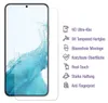 A smartphone screen protector is shown next to a smartphone, with feature callouts on the right. Produktbild-Vorschau