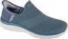 A single blue Skechers slip-on shoe is shown from a side angle against a white background. Produktbild-Vorschau