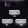 Three digital alarm clocks are shown at different brightness levels, with percentages indicating the brightness. Produktbild-Vorschau