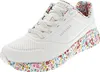 A white Skechers sneaker with a floral pattern on the sole and inner lining, shown from a side angle. Produktbild-Vorschau
