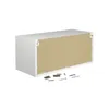 A white cabinet with its back panel exposed, showing the internal structure and mounting points. Several screws and wall plugs are scattered in front of the cabinet. Produktbild-Vorschau