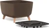 A brown planter with wooden legs and a separate black drainage tray are shown against a white background. Produktbild-Vorschau