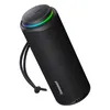 A black Tronsmart T8 outdoor speaker is shown against a white background. The speaker has a textured surface and a glowing LED ring around the top. A black cord is attached to the side. Náhľad obrázku produktu