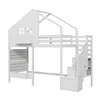 A white wooden house-shaped loft bed with stairs and storage compartments, shown against a white background. Anteprima dell’immagine prodotto