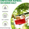 A young girl is happily swinging on a red swing in a park-like setting. Produktbild-Vorschau