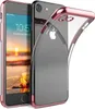 A clear, professional shot of an iPhone case, showcasing its transparent design with a rose gold trim. The case is shown partially covering an iPhone, highlighting its fit and aesthetic. Produktbild-Vorschau