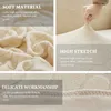 A collage of images showing details of a beige fabric sofa cover, highlighting its soft material, high stretch, and delicate workmanship. Náhled obrázku produktu