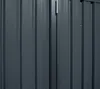 A close-up view of a dark gray metal shed door with vertical panels and a visible hinge. Podgląd zdjęcia produktu