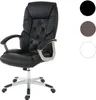 A black executive office chair is shown from a front-side angle against a white background. To the right of the chair are three colored circles: black, brown, and white, likely representing color options. Produktbild-Vorschau