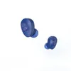 Two blue wireless earbuds are shown against a white background.