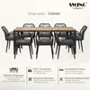 An outdoor dining set with a table and chairs, presented with descriptive text and icons highlighting product features. Produktbild-Vorschau