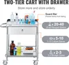 A stainless steel two-tier cart with a drawer, displaying various laboratory items and informational callouts. Produktbild-Vorschau
