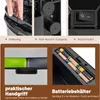 Collage of product features including a hand holding a trash bag, anti-slip pads, a power switch, a drawer handle, and batteries. Podgląd zdjęcia produktu