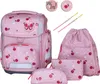 A collection of pink school supplies with a cherry and butterfly motif, including a backpack, pencil case, pouch, and drawstring bag. Produktbild-Vorschau