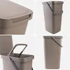 A collage of four images showing different angles and details of a brown plastic trash can with a lid and handle. Podgląd zdjęcia produktu
