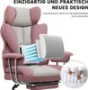 A pink and gray ergonomic office chair with a footrest, featuring a close-up of its lumbar support system and a circular inset showing hands arranging rolled-up fabric. Produktbild-Vorschau