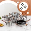 A collection of stainless steel cookware and a kettle are displayed on a marble-like surface, with a graphic overlay in the upper right corner. Náhled obrázku produktu