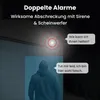 A person wearing a hoodie is detected by a security camera with a spotlight and siren activated. Produktbild-Vorschau