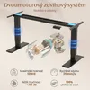 A product advertisement for a dual-motor height-adjustable desk system, showcasing its internal mechanics and key features. Náhled obrázku produktu