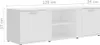 A white TV stand with dimensions indicated. Voir les images du produit