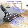 A cordless vacuum cleaner is shown cleaning a carpet and a wooden floor, with text overlays indicating suction power for different surfaces. Produktbild-Vorschau