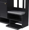 A close-up view of a black storage unit with a gray cushion on top, featuring shelves and a pull-out drawer. Voir les images du produit