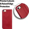 A red flip case for an iPhone is shown, with a close-up inset highlighting the camera cutout and raised edge protection. Anteprima dell’immagine prodotto
