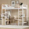 A loft bed with a desk and storage unit underneath, set up in a bedroom. Voir les images du produit