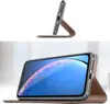 A flip case for an iPhone is shown in two views: one standing upright and the other lying flat with the screen visible. Produktbild-Vorschau