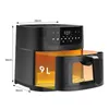 A black air fryer with dimensions indicated by lines and measurements. Produktbild-Vorschau