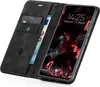 A black flip case for a smartphone is shown open, revealing credit cards and a banknote inside, with the smartphone screen displaying the time and date. Produktbild-Vorschau