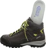 A side view of a gray Meindl hiking boot with bright green laces and a gray insole with blue text. Anteprima dell’immagine prodotto