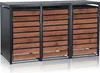A three-bin outdoor storage unit with wooden-look doors. Produktbild-Vorschau
