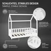 A white wooden house-shaped bed frame with callouts highlighting its features. Produktbild-Vorschau