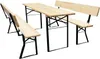 A wooden picnic table and bench set with black metal legs, shown on a white background. Produktbild-Vorschau