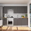 A modern kitchen with dark gray cabinets, a stainless steel stove, and a white coffee maker. Produktbild-Vorschau