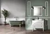 A split image showing a bathroom scene with a bathtub on the left and a vanity with a sink and mirror on the right. Anteprima dell’immagine prodotto