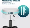 A white rolling stool with text overlays indicating features. Produktbild-Vorschau