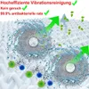 Illustration showing cleaning pads with water and particles being removed, with green arrows indicating efficiency. Produktbild-Vorschau