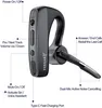 A close-up marketing image of a black Bluetooth headset with labels pointing out its features. Produktbild-Vorschau