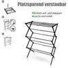 An instructional diagram and a product image of a black drying rack. Produktbild-Vorschau