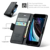 A black leather wallet-style phone case is open, showing the inside with card and cash slots, and a smartphone displaying the time. Produktbild-Vorschau