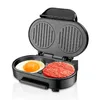 A black hamburger and egg maker is shown open with a raw hamburger patty and a fried egg inside. Podgląd zdjęcia produktu