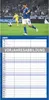 A soccer player in a blue and white uniform is kicking a soccer ball on a green field, with a stadium crowd in the background. Below the image is a calendar layout with the heading 'VORJAHRESABBILDUNG'. Produktbild-Vorschau