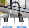 A black kitchen faucet is shown in use over a sink, with two inset images demonstrating its different spray modes. Anteprima dell’immagine prodotto