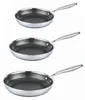 Three stainless steel frying pans with honeycomb pattern interiors are stacked vertically against a white background. Produktbild-Vorschau