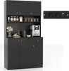 A black kitchen cabinet with shelves and drawers, featuring a coffee maker and decorative items. Voir les images du produit